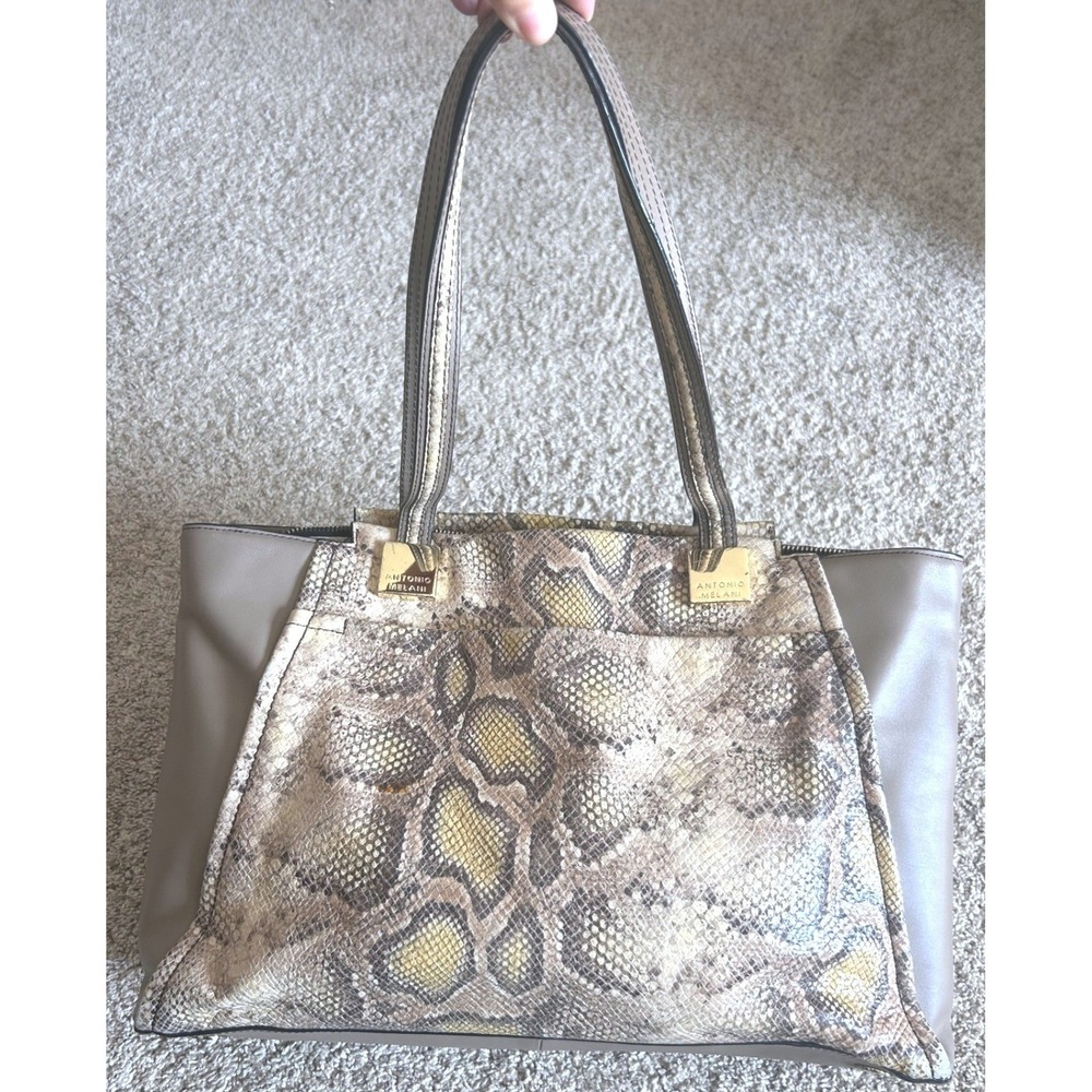 Antonio Melani Snakeskin Leather Tote Bag Taupe Beige‎ Chic Shoulder Handbag